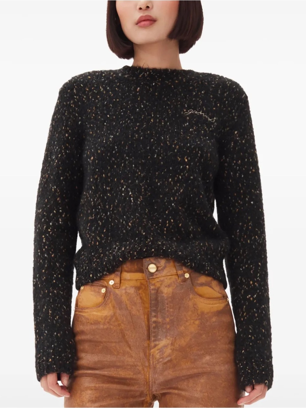 GANNI Logo-Embroidered Jumper Marled Speckled Alpaca Wool Blend - Small